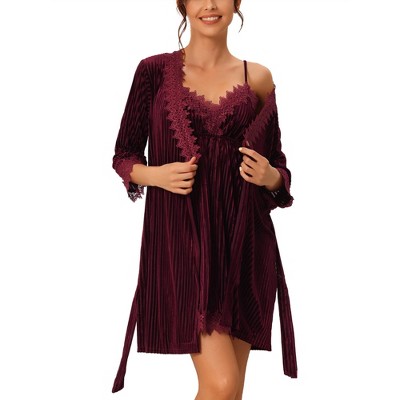 cheibear Women's Velvet Stripe with Lace Trim Loungewear Pajama Sets