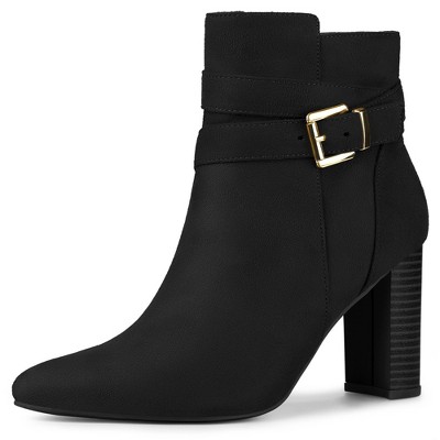 Allegra K Women's Pointed Toe Buckle Decor Chunky Heel Ankle Boots