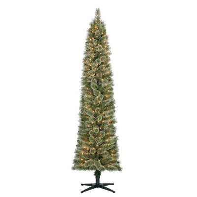 Home Heritage 7 Foot Pre-Lit Skinny Artificial Stanley Pencil Pine Christmas Tree with Clear White Lights, Foldable Stand and Easy Assembly
