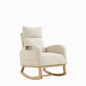 Gulches Beige Corduroy High Backrest Two Side Pockets Gently Rocking Armchair with Sturdy Wood Frame Set of 1 - 1 of 4