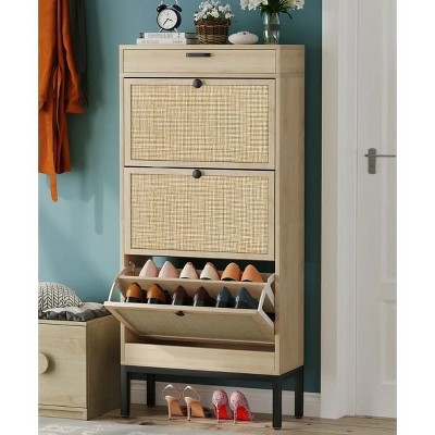 Brafab Freestanding Shoe Cabinet with 3 Flip Drawers Natural Rattan Shoe Storage Organizer Slim Shoe Storage for home