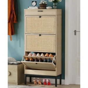 Brafab Freestanding Shoe Cabinet with 3 Flip Drawers Natural Rattan Shoe Storage Organizer Slim Shoe Storage for home - 1 of 4