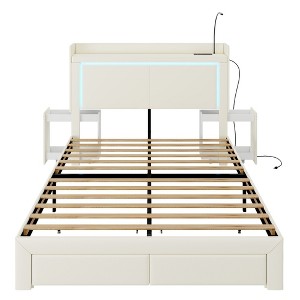 Vlsrka Queen Bed with LED lights and charging station, upholstered headboard with drawers, nightstand, and reading lamp. - 1 of 4