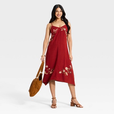 Женские платья Universal Thread Women's Linen Embroidered Midi High Low Dress - Universal Thread™ Red XS — фото 3