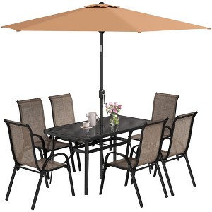 Outsunny 8 Piece Patio Furniture Set with Umbrella, Outdoor Dining Table and Chairs, 6 Chairs, Push Button Tilt and Crank Parasol, Glass Top - 1 of 4