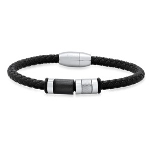 Steeltime Men's black braided leather, black rubber and two tone black ip and stainless steel charm bracelet - 1 of 4