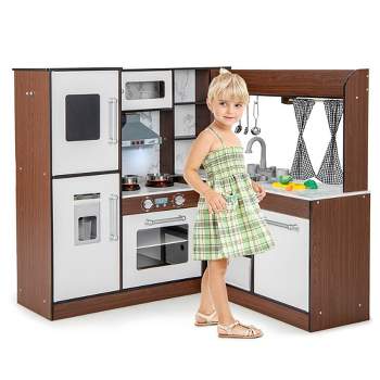 Costway Wooden Corner Play Kitchen w/ Lights & Sounds Water Circulation System for Kids