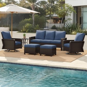 SUGOLD 6-Piece Wicker Patio Conversation Set with 3-Seat Sofa, 2 Swivel Rocking Chairs, 2 Ottomans, Side Table, Blue Cushions - 1 of 4