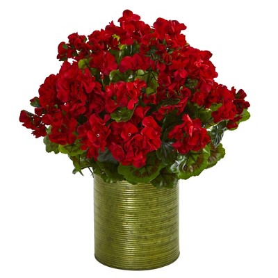 Red Geranium Artificial Plant in Green Metal Planter