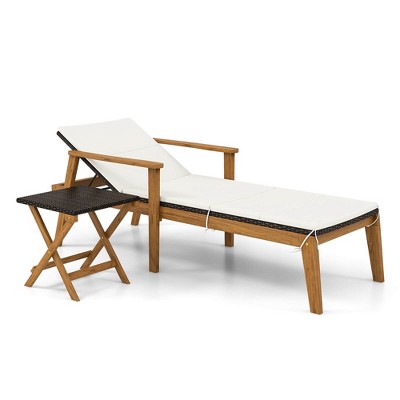 Tangkula 2 Piece Outdoor Chaise Lounge Chair Set Rattan with Armrests & 4-Level Backrest Folding Coffee Table & Cushioned Acacia Wood Lounge Chair Set