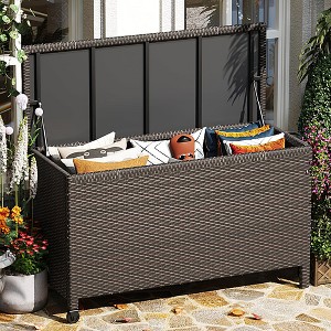 185-Gallon Waterproof Rattan Deck Box with Wheels – Outdoor Storage Chest for Patio, Pool & Garden, Rust-Proof & UV-Resistant,Brown - 1 of 4