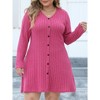 Women's Plus Size Fall Casual Long Sleeve Ribbed Striped Bodycon Mini Dress A-Line Button V Neck Short Dress - 4 of 4