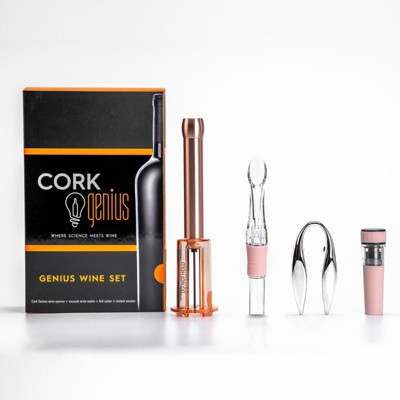 Cork Genius Wine Opener Set 4 Piece Gift Set With Wine Accessories Includes Air Pump Bottle Opener Bottle Top Aerator Wine Foil Cutter And Vacuum Seal Wine Stopper Premium Stainless Steel