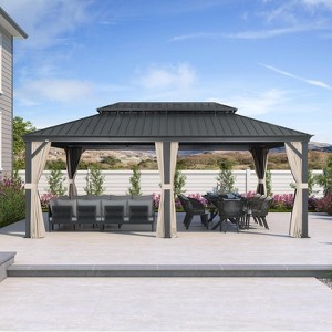 PURPLE LEAF Permanent Hardtop Gazebo Aluminum Gazebo with Galvanized Steel Double Roof for Patio Lawn and Garden with Curtains and Netting - 1 of 4