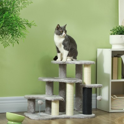 Gray Plush and Sisal 3-Step Cat Tree Tower with Scratching Posts