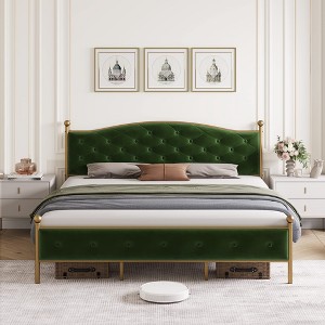 Velvet Upholstered Bed Frame with Solid Wooden Slats Support and Button Tufted Headboard - 1 of 4
