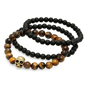 Steeltime Men's set of 3 stretch bracelets - black lava beaded bracelet and tiger eye beaded bracelet with 18k gold plated stainless steel skull - 1 of 4
