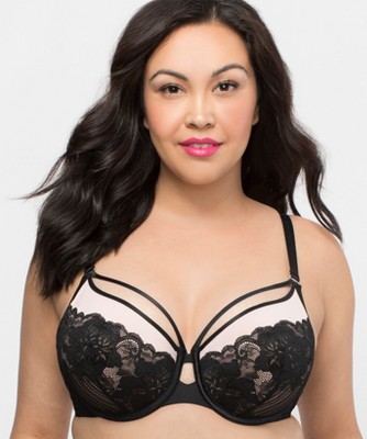 Curvy Couture Women's Strappy Tulip Lace Push Up Bra Black Adobe Rose 44H