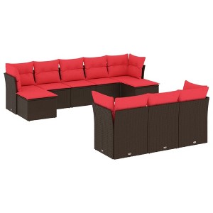 vidaXL 10 Piece Garden Sofa Set with Cushions Brown and Red Poly Rattan - Without Table - 1 of 4