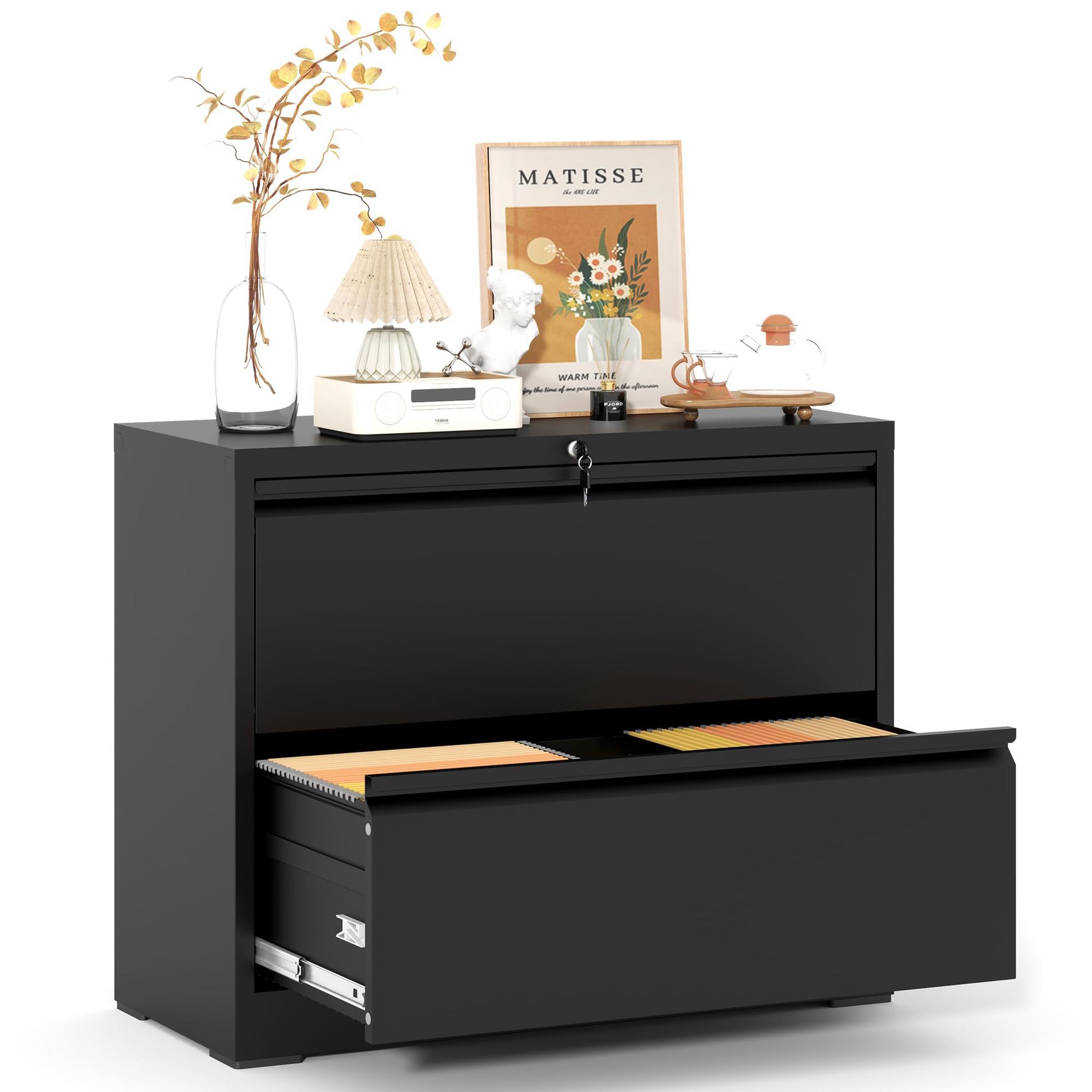 Munora - 2-Drawer Lateral File Cabinet with Lock - Wide Storage for Letter/Legal/A4 Files - Black