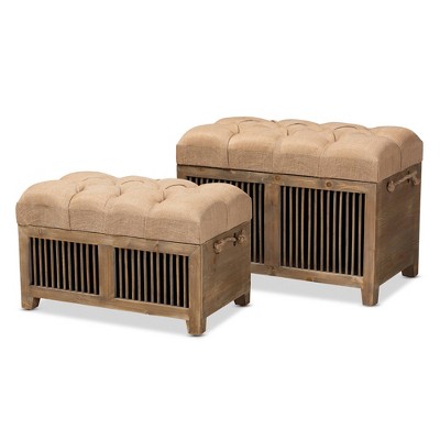 2pc Clement Fabric Upholstered Wood Spindle Storage Ottoman Trunk Set Beige/Brown - Baxton Studio