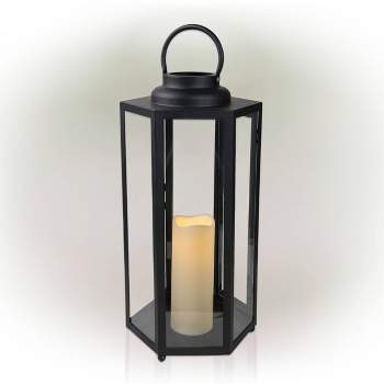 18" Hexagonal Candlelit Iron Lantern with LED Lights Black/Warm White - Alpine Corporation