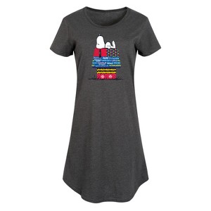 Women's Peanuts Snoopy Patchwork Doghouse Graphic T-shirt Dress - Heather Charcoal - 4X - 1 of 4