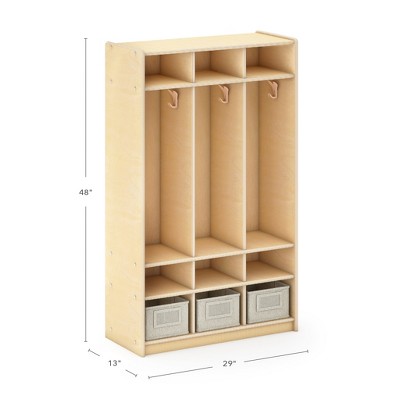 Guidecraft EdQ 3-Section Wooden Storage Locker for Classroom, Kids Cubby Organizer with Shelves and Hooks for Coats