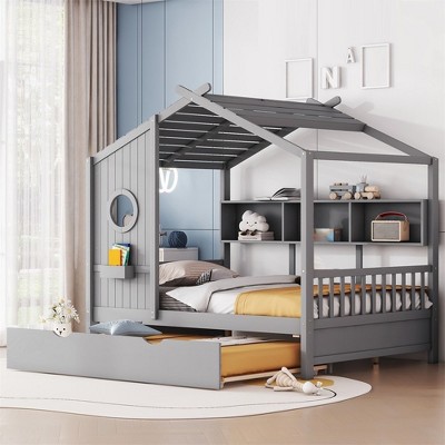 Wooden Full Size/Twin Size House Bed With Trundle, Platform Bed Frame With Storage Shelves, Easy Assembly For Girls Boys