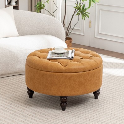 SEYNAR 29.5''Modern PU Leather Round Storage Ottoman with Wood Legs