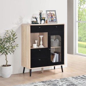 Kings Brand Furniture Nathan Oak Console – Mid-Century Cabinet with Drawers, Shelf & Glass Door, Oak Finish with Black Front Panel - 1 of 4