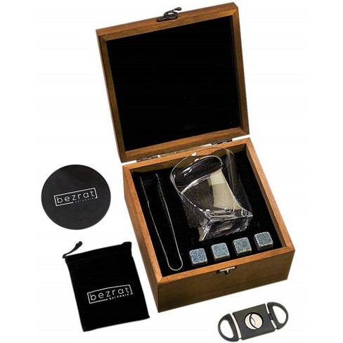 Whiskey Gift Set in Wood Box, Set of 2 Classic-Shape Whiskey Glasses, 8  Chilling Stones, Pouch, 2 Coasters & Tongs