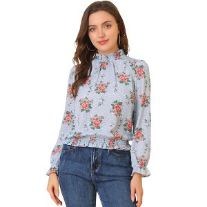 INSPIRE CHIC Women's Smocked Waist Ruffled Hem Stand Collar Floral Dots Blouse - 1 of 4