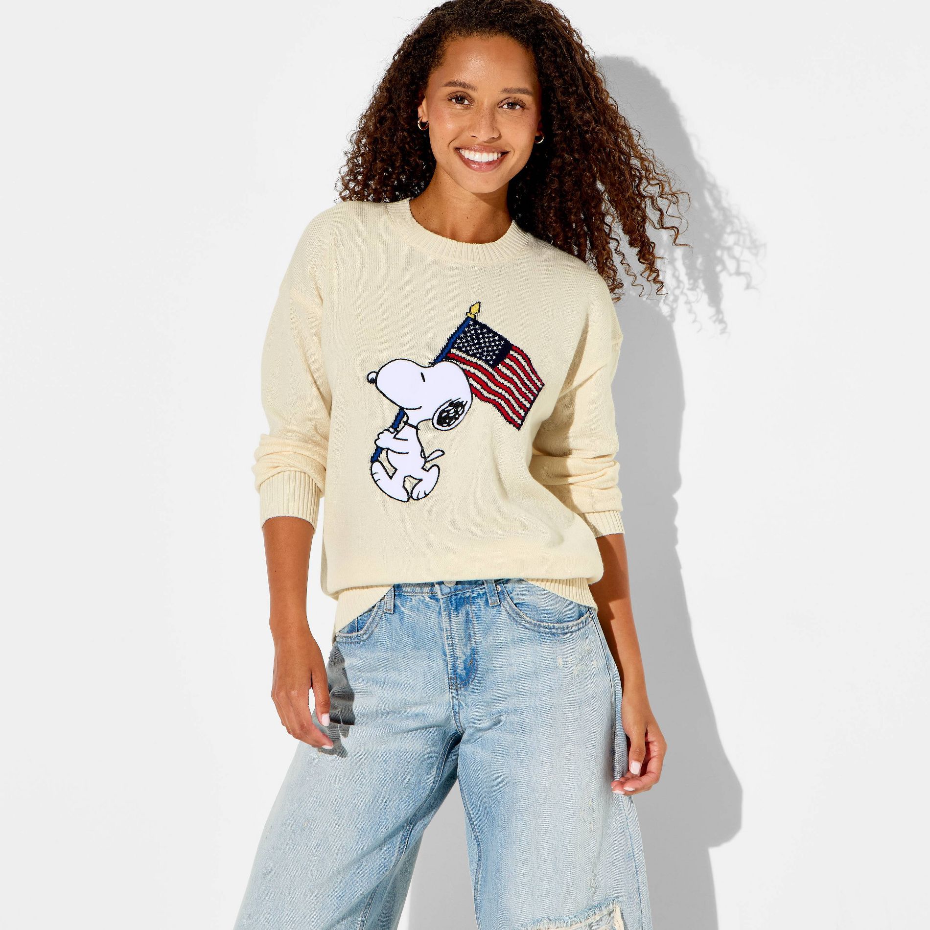 Women's Snoopy American Flag Graphic Pullover Sweater - Ivory