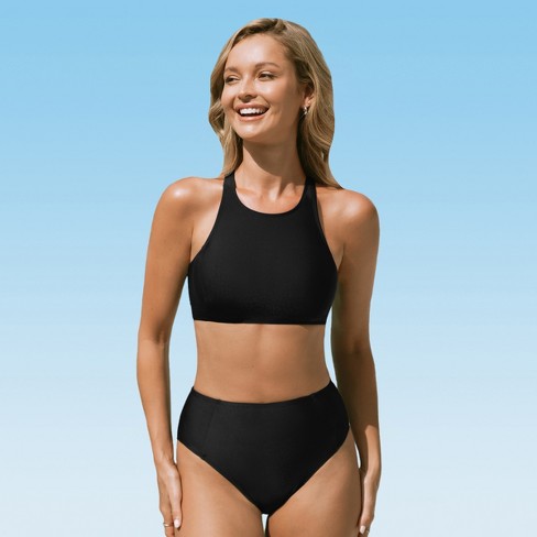 Women's Lycra Black Sporty High Neck Mid Rise Bikini Set Swimsuit - Cupshe- xl-black : Target
