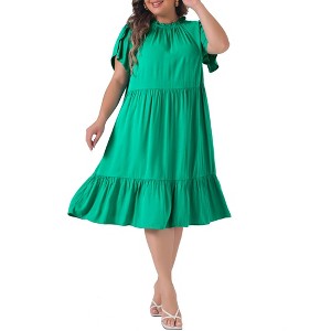 Agnes Orinda Women's Plus Size Tie Back Petal Sleeve Mock Neck Ruffle Swing Midi A-Line Dresses - 1 of 4