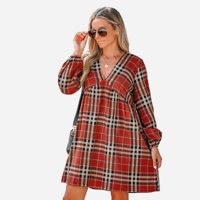 Women's Plaid V-Neck Peasant Sleeve Dress - Cupshe