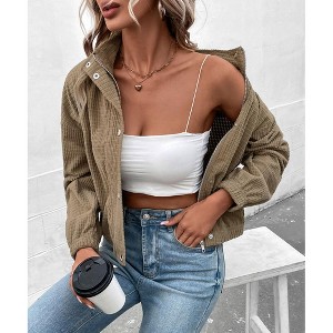 Womens Cropped Corduroy Jacket Loose Button Down Puff Sleeve Shacket Coat - 1 of 4
