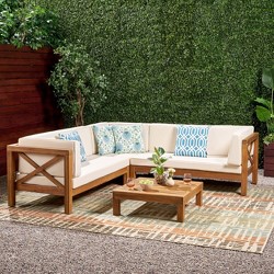 Sebastian Hand-Crafted 4-Piece Acacia Wood Outdoor Sofa Set - Beige Water-Resistant Cushions