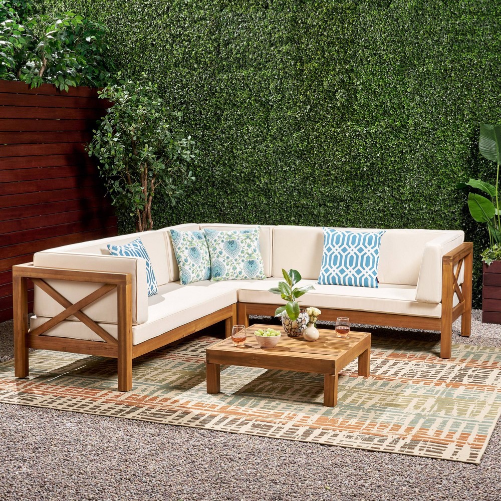 Photos - Garden Furniture Brava 4pc Wood Patio Chat Set w/ Cushions - Beige - Christopher Knight Hom