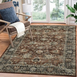 Vintage Distressed Large Living Room Rug for Bedroom, Oriental Soft Low-Pile Indoor Accent Carpet, Non-Skid, Machine Washable, Brown - 1 of 4