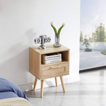 15.75" Rattan End table with Drawer and Solid Wood Legs, Modern Nightstand, Side Table for Living Roon, Bedroom-ModernLuxe