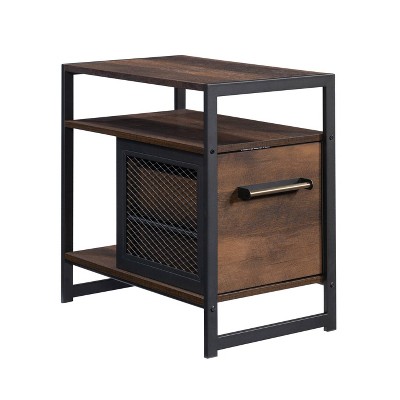 Barrel Oak and Metal Frame Nightstand with Drawer