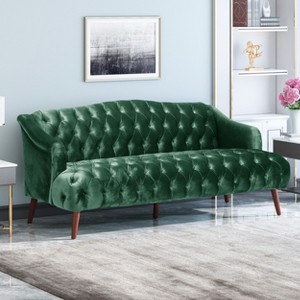 Okak Comfy Velvet Sofa 1pc with Tufted Backrest, Wooden Legs Modern Loveseat Couch 3-seat for Apartments, living Room, Study, Emerald - 1 of 4