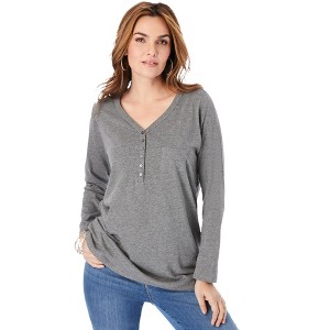 Roaman's Ultimate Long Sleeve Henley Tee With Sweetheart Neck - 1 of 4