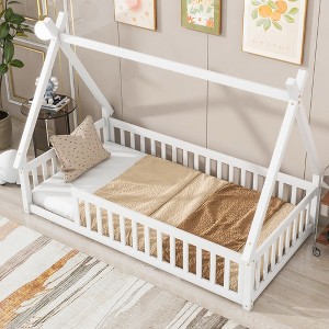 Okak Twin/Full Size Floor Bed Frame with Removable Tent-Shaped Roof & 360°Safety Guardrails for Toddlers 2-6 Years, Easy Assembly Kids Bed, Kids Room - 1 of 4