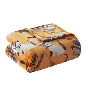 Kate Aurora Oversized Halloween Orange Spooky Cats & Broomstick Ultra Soft & Plush Accent Throw Blanket - 50 in. W x 70 in. L - 1 of 4