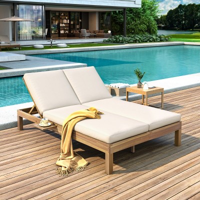 5-Position Adjustable Backrest Double Chaise Lounge,Patio Reclining Chair With Cushion And Folding Side Trays -Maison Boucle