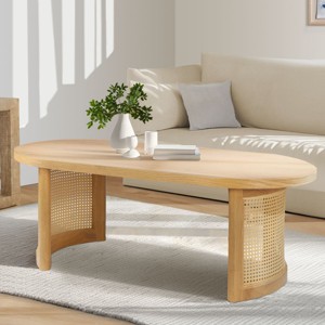 48" Modern Oval Coffee Table with Solid White Oak Table Top & Imitation Rattan Legs for Living Room or Lounge Space - Tanpinhause - 1 of 4
