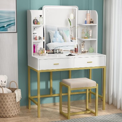 PAKASEPT Makeup Vanity Desk with Lighted Mirror and Stool, White Makeup Table with Storage Shelves, 2 Drawers